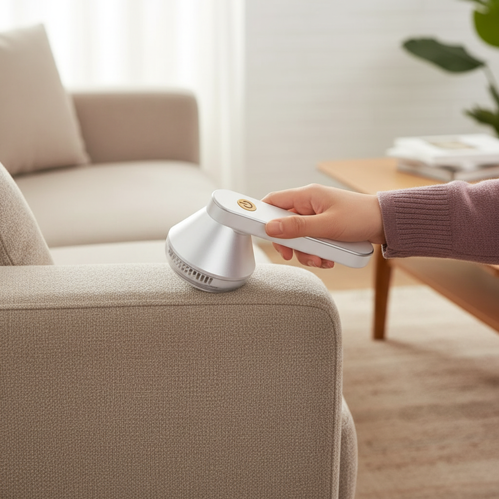 Quitapelusas eléctrico limpiando sofá - Removedor de pelusa para muebles y tapicería