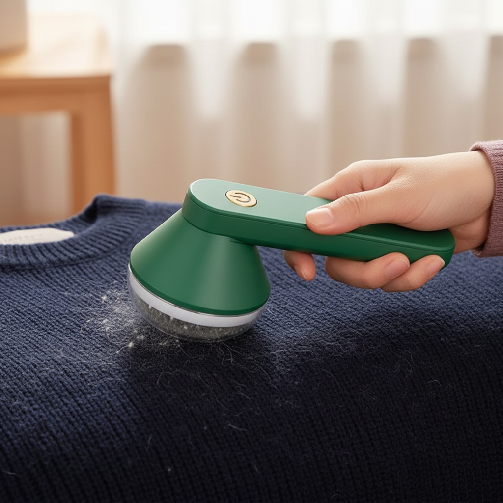 Uso de quitapelusas eléctrico verde en prenda  - Removedor de pelusa en acción